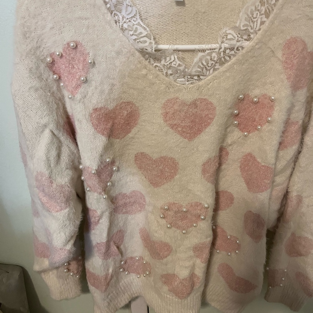 BiBi Cream and Pink Heart V-Neck Sweater. Pearls and lace.
